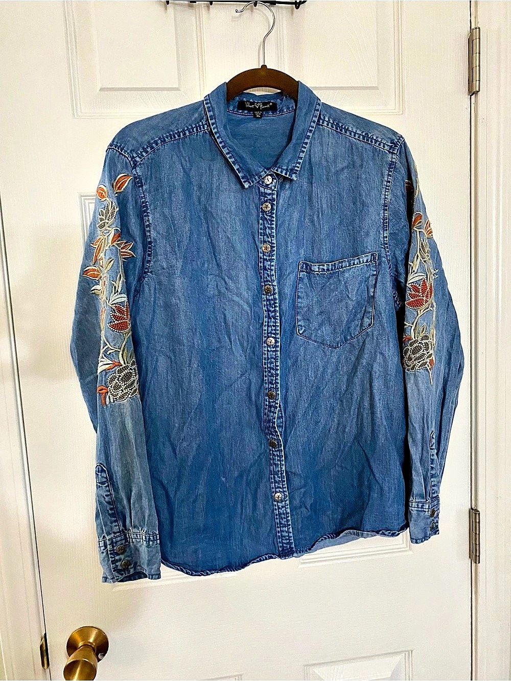 White Crow Embroidered Sleeve Denim Shirt in Blue